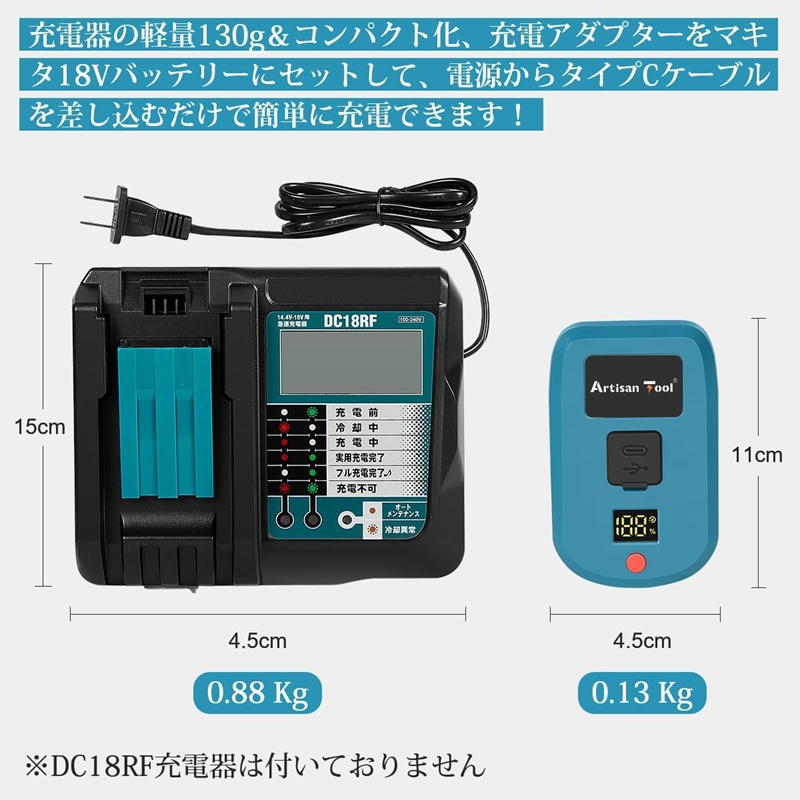 マキタ18Vバッテリー互換充電器Type-C入力型アダプター　（アルチザンツール）マキタ専用充電器とのサイズ比較_R